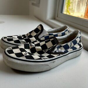 Vans blue black white classic slip on checkerboard athletic shoes women’s 7.5